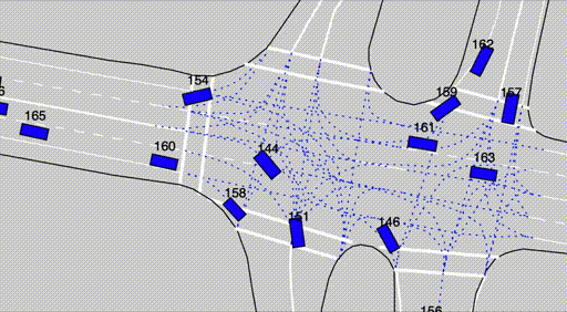 Animated INTERACTION dataset scene with lane graph